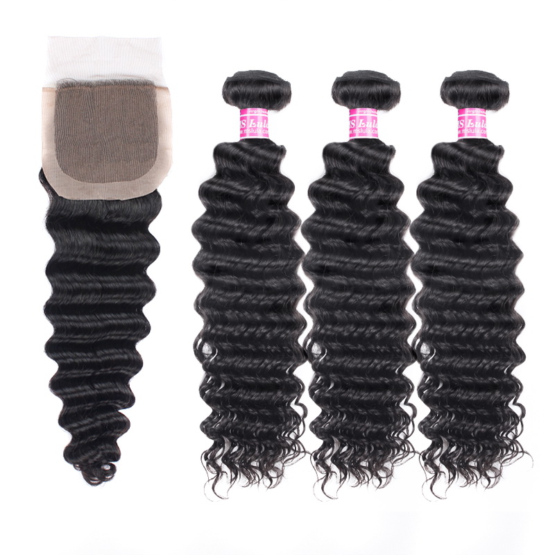 Virgin Deep Wave Hair Bundles With 4X4 Silk Base Lace Closure